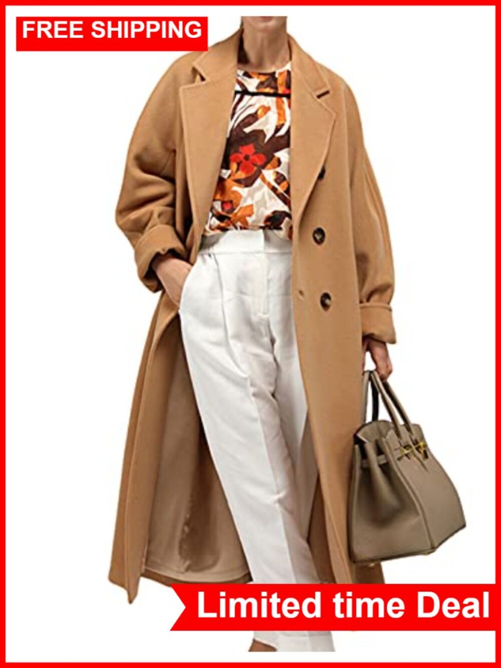 Wool Blend Pea Coat Double Breasted Notched Collar Mid-Length Jacket